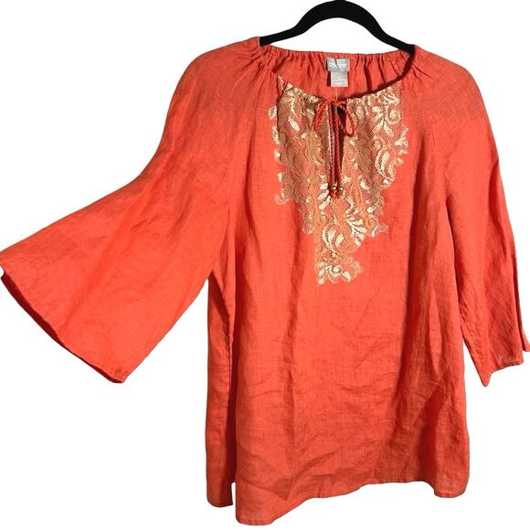 NWT Chicos Women’s 100% Linen Lace Detail Blouse Tangelo  Size Small (0) - Picture 6 of 9